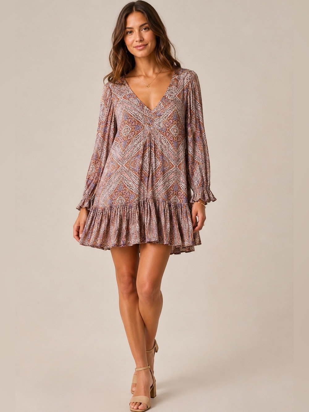 Anthropologie Sabia Flounced Printed V-Neck Long Sleeve Tunic Dress